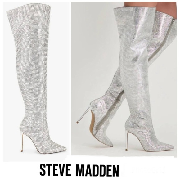 STEVE MADDEN Skyscraper Rhinestone Bling Silver Over The Knee Heels Boots Sz 6.5 - Picture 1 of 16